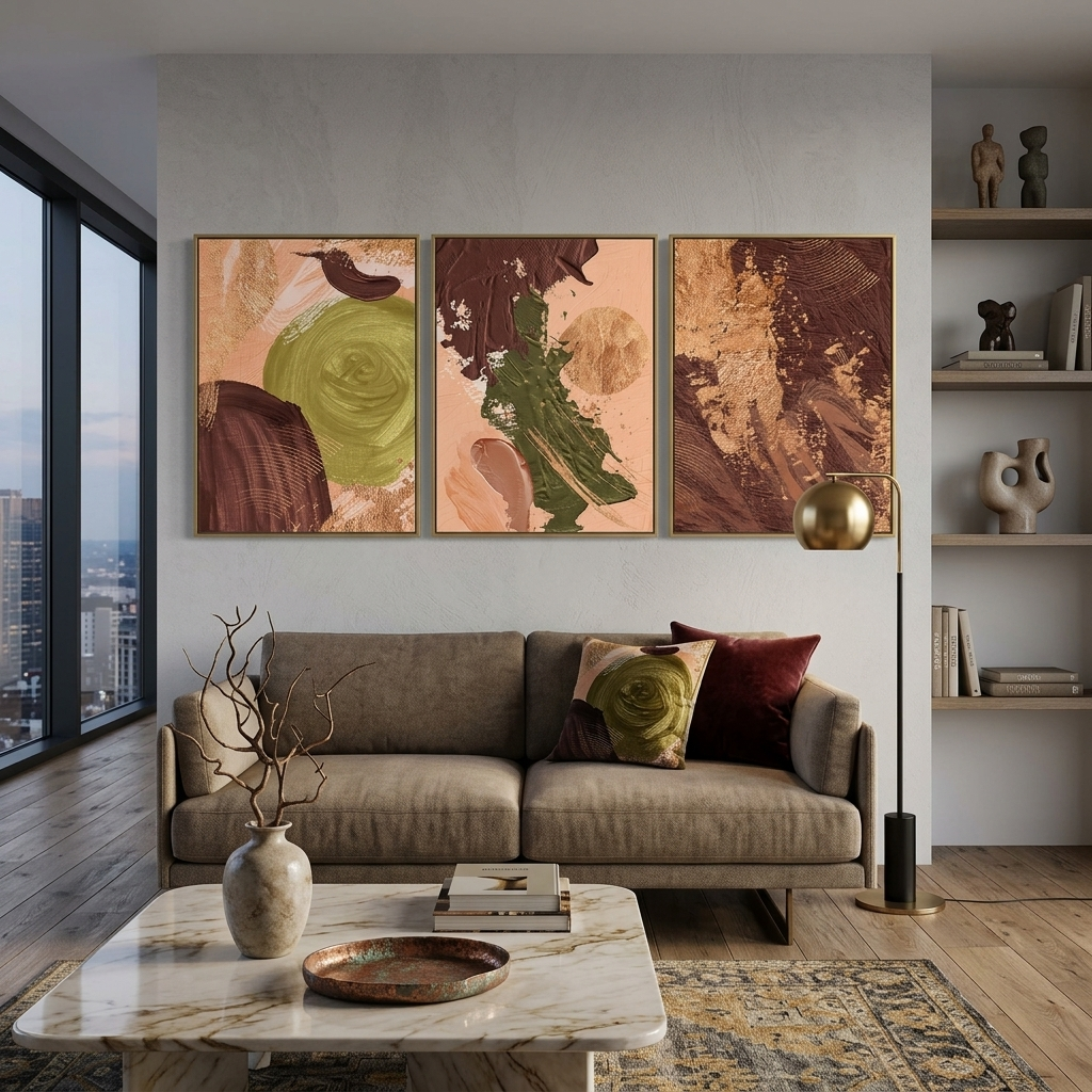 Modularer Kunstdruck auf Leinwand in Braun-Beige-Tönen mit grünen Elementen, mehrere Teile