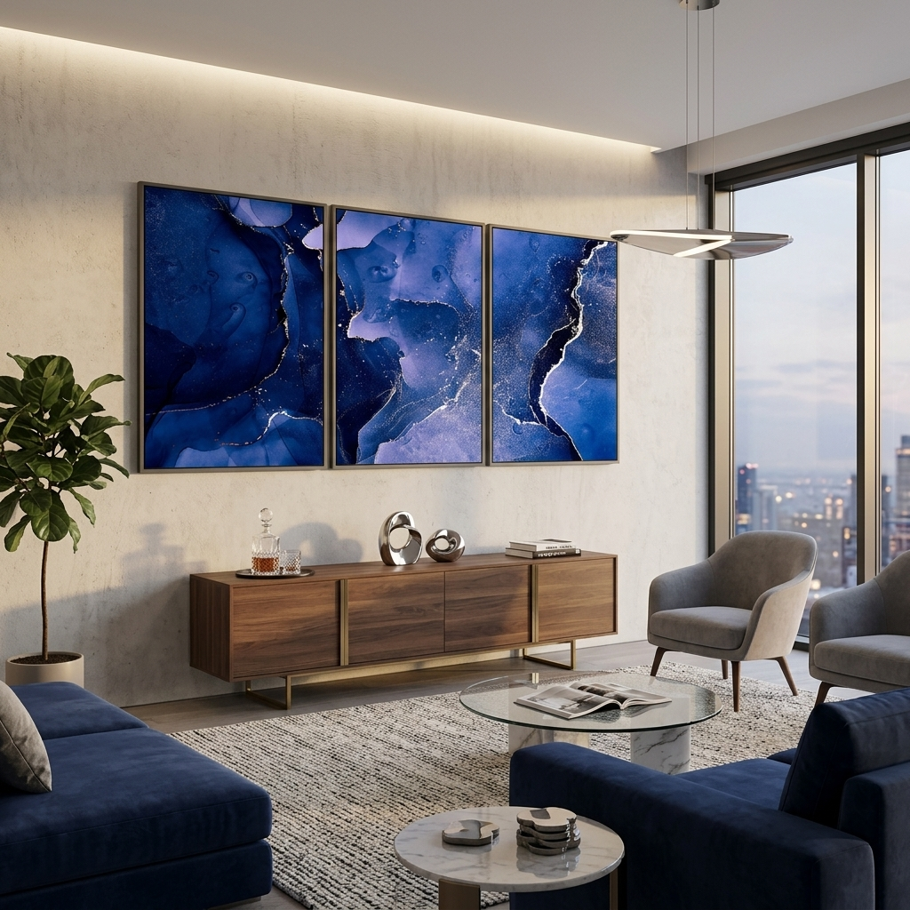 Modularer, abstrakter Kunstdruck auf Leinwand, mehrere Teile, Marineblau