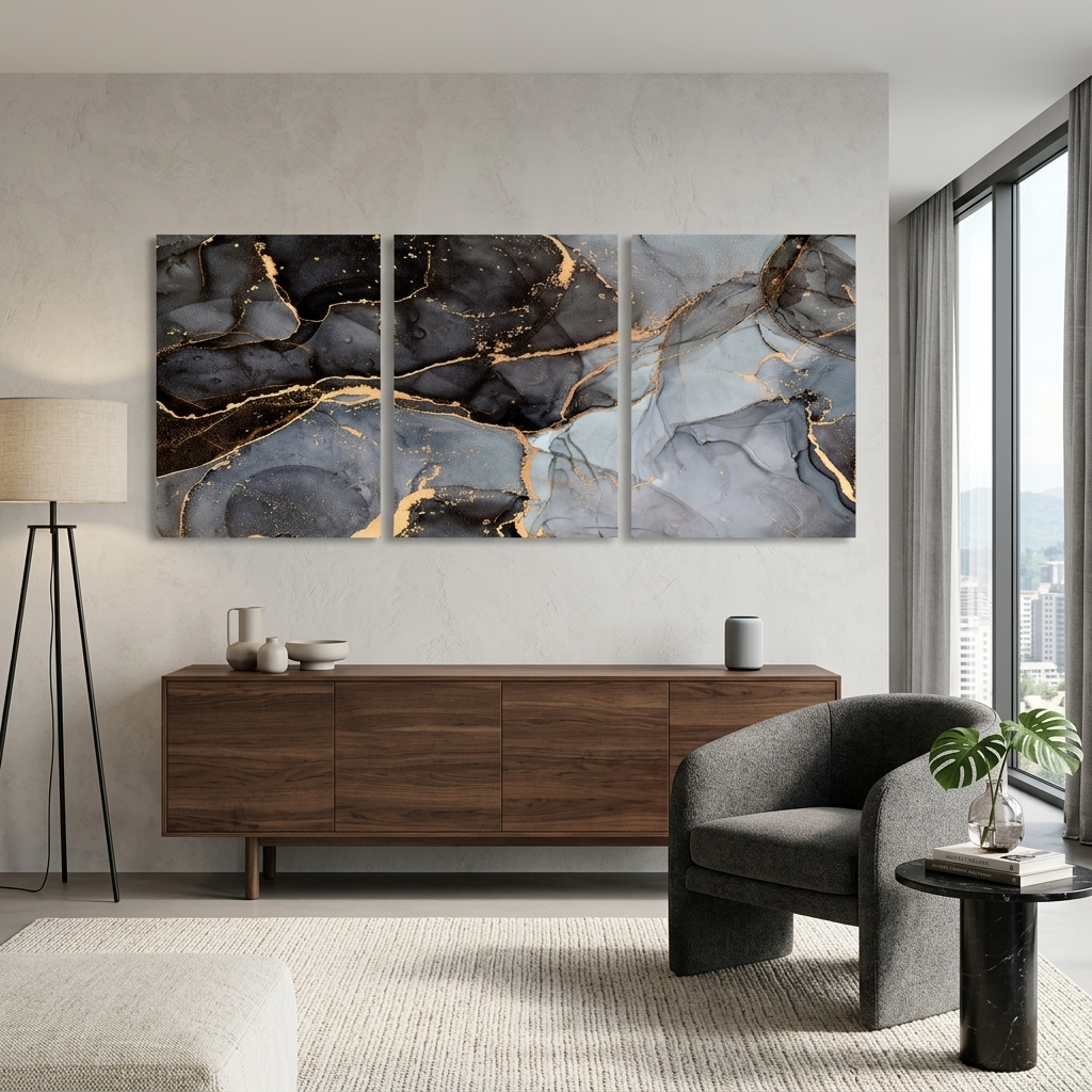 Modularer abstrakter Kunstdruck auf Leinwand, mehrere Teile, grau und schwarz