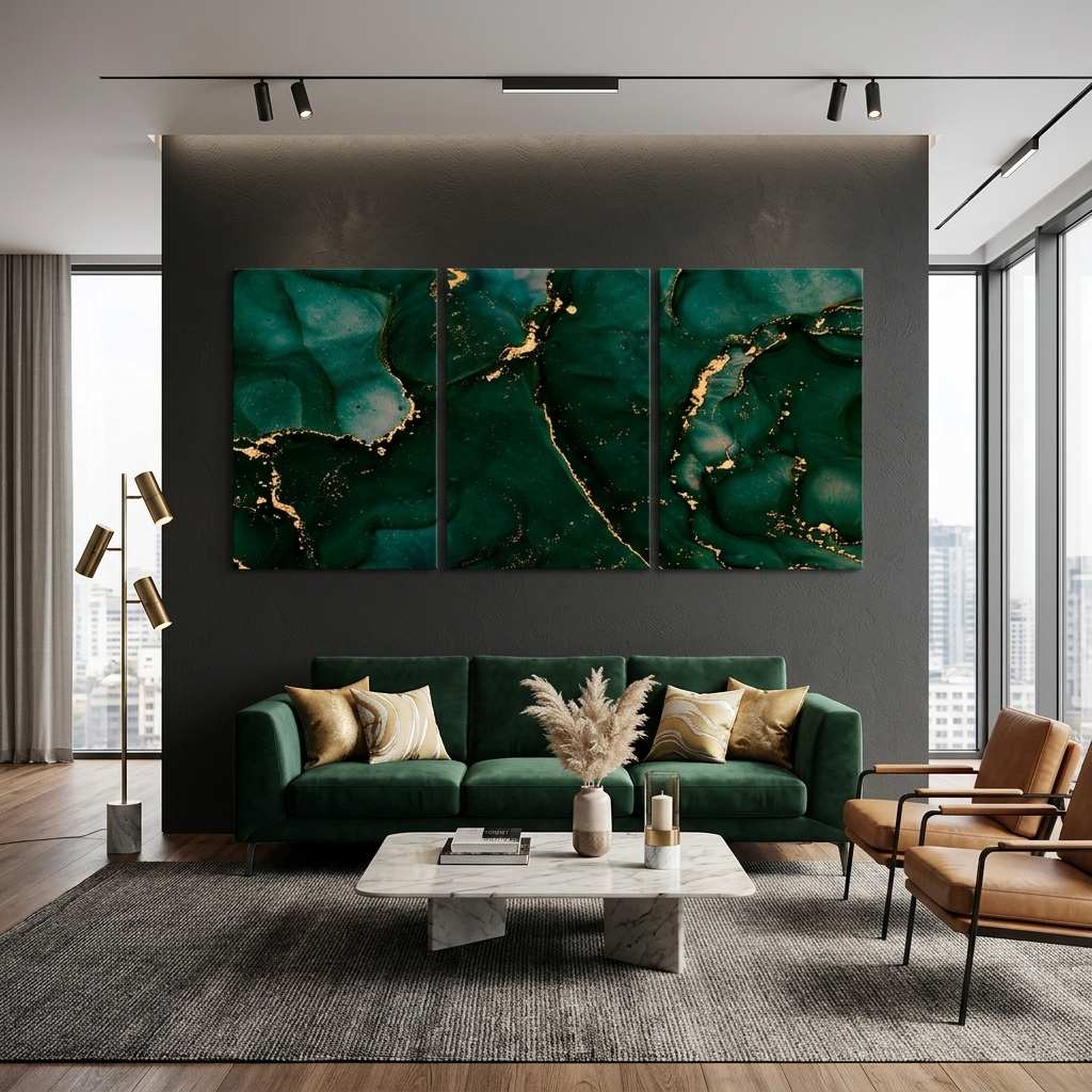 Modularer abstrakter Kunstdruck auf Leinwand, mehrere Teile, Grün und Gold
