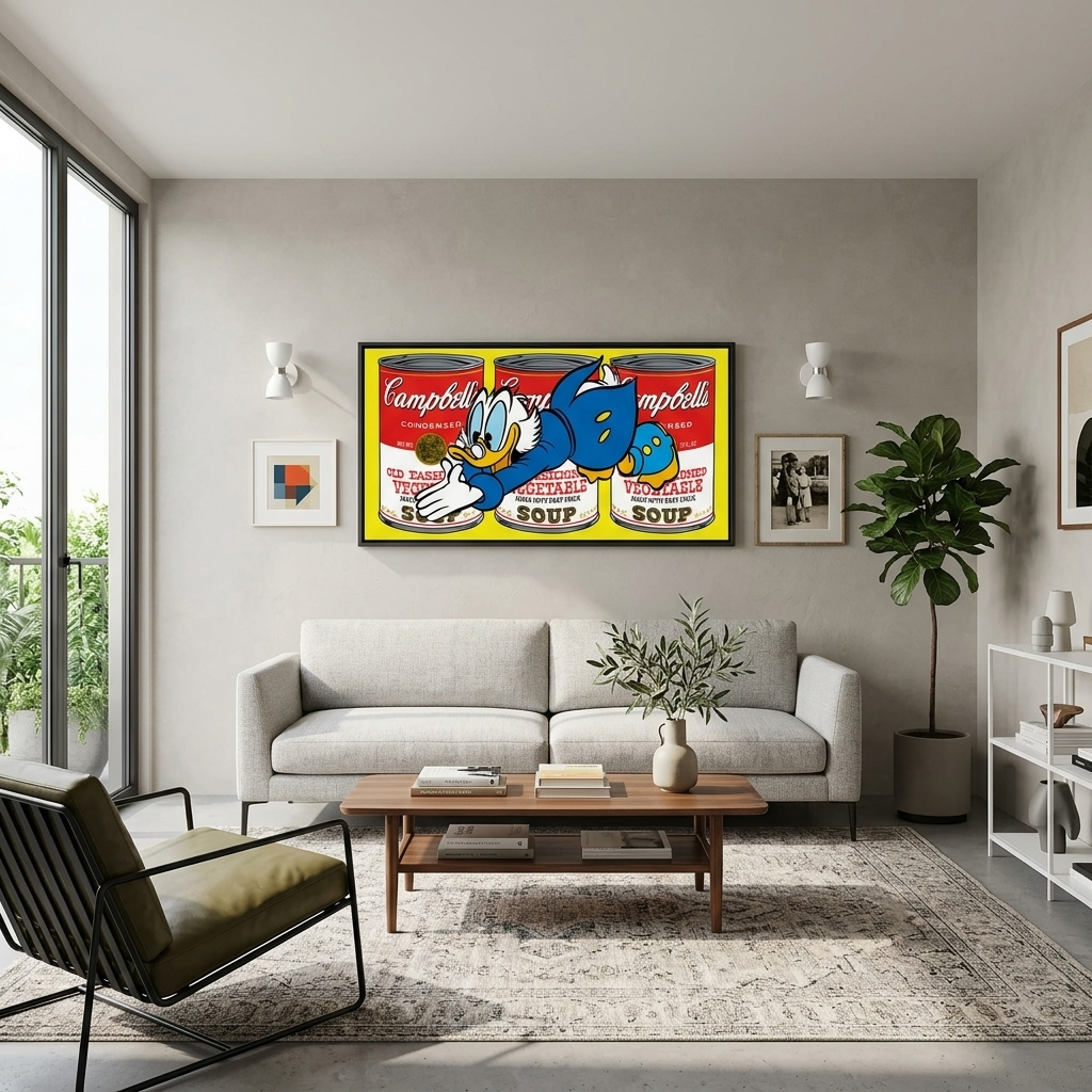 Scrooge vor einem Hintergrund aus drei Blechdosen und gelber Farbe. Inspirierender Kunstdruck auf Leinwand.