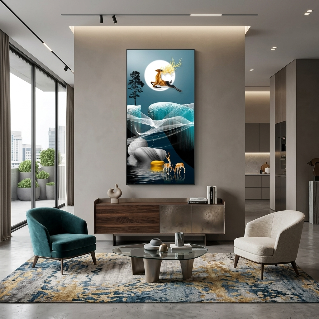 Leinwandbild „Drei Hirsche, Mond und Baum“, abstrakt, Wandbild