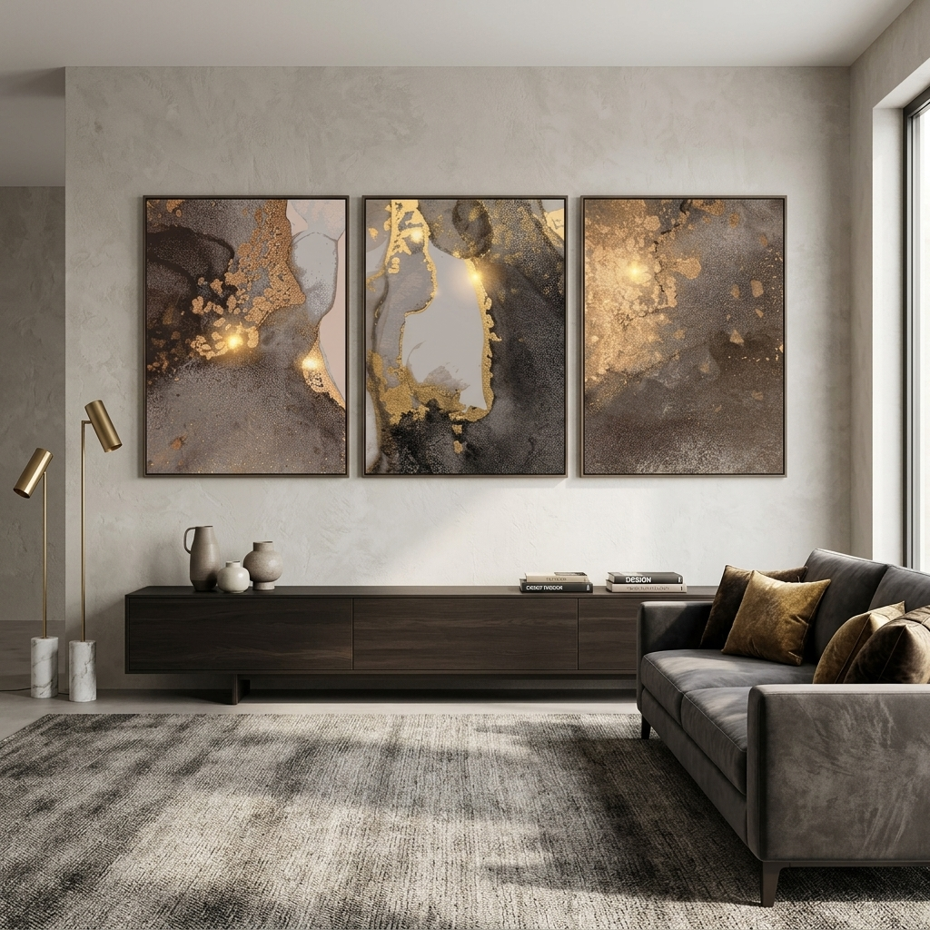 Modularer abstrakter Kunstdruck auf Leinwand, mehrere Teile, grau-gold