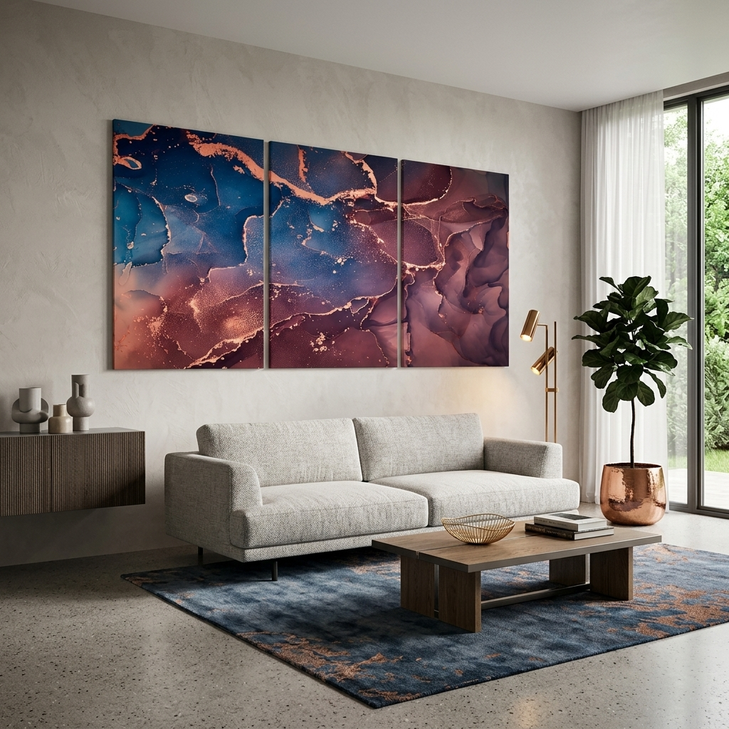 Modularer abstrakter Kunstdruck auf Leinwand, mehrteilig, Burgunderrot und Blau