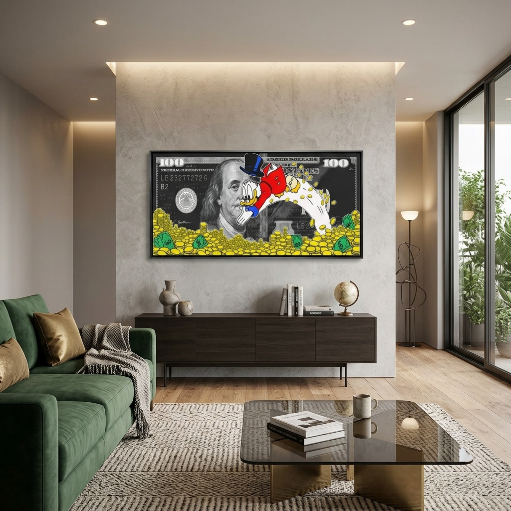 Inspirierender Kunstdruck auf Leinwand, Motiv: Scrooges Meer aus Dollarmünzen