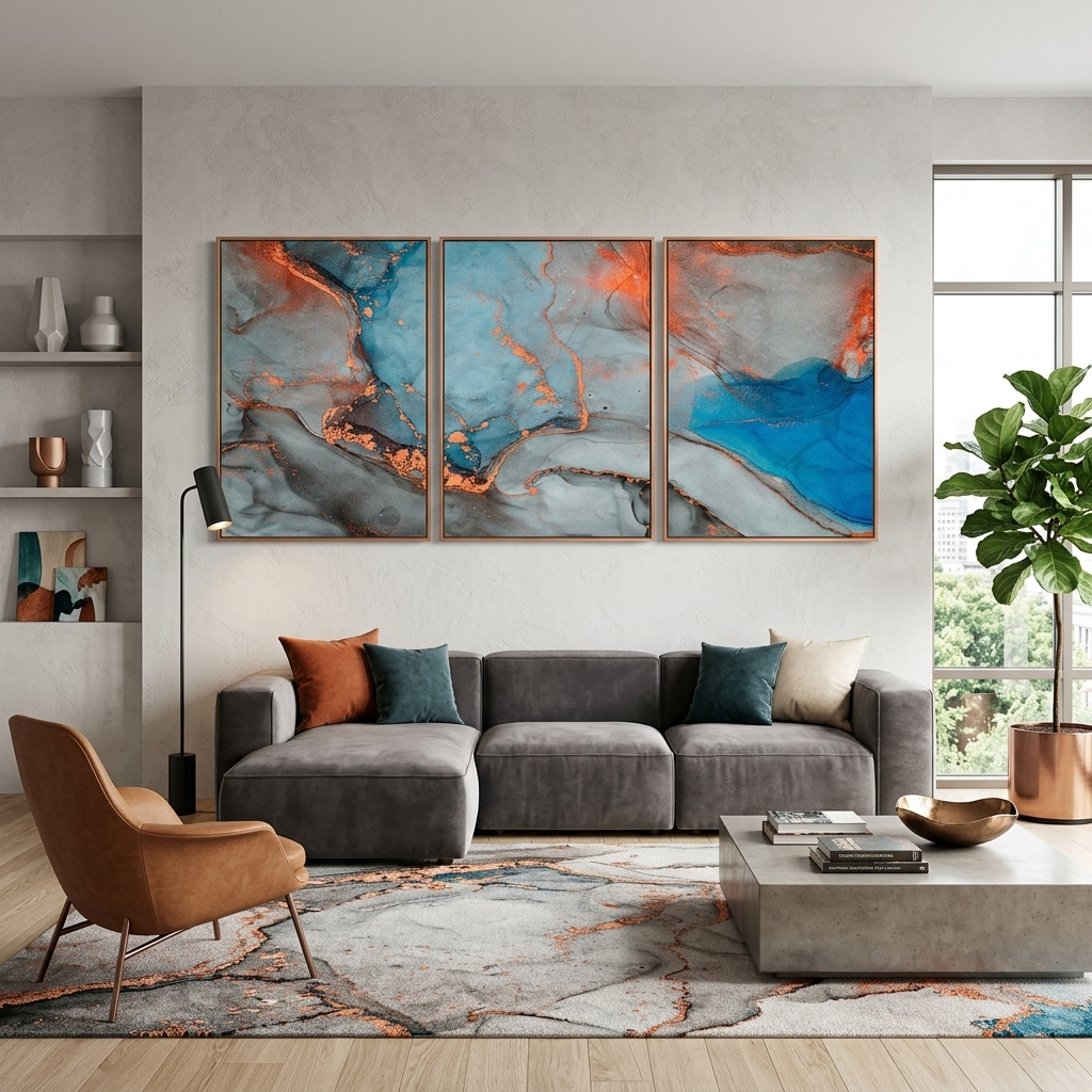 Modularer, grauer, abstrakter Kunstdruck mit orangen Elementen, mehrere Teile auf Leinwand