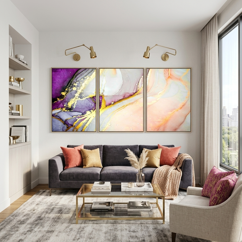 Modularer abstrakter mehrteiliger Kunstdruck auf Leinwand, pudriger Lavendel