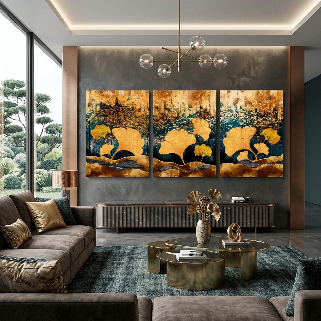Modularer, abstrakter Kunstdruck auf Leinwand, mehrere Teile, Gelbgold
