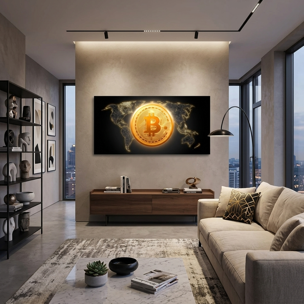 Bitcoin Goldmünze Bitcoin Karte Hintergrund Inspirierender Leinwanddruck