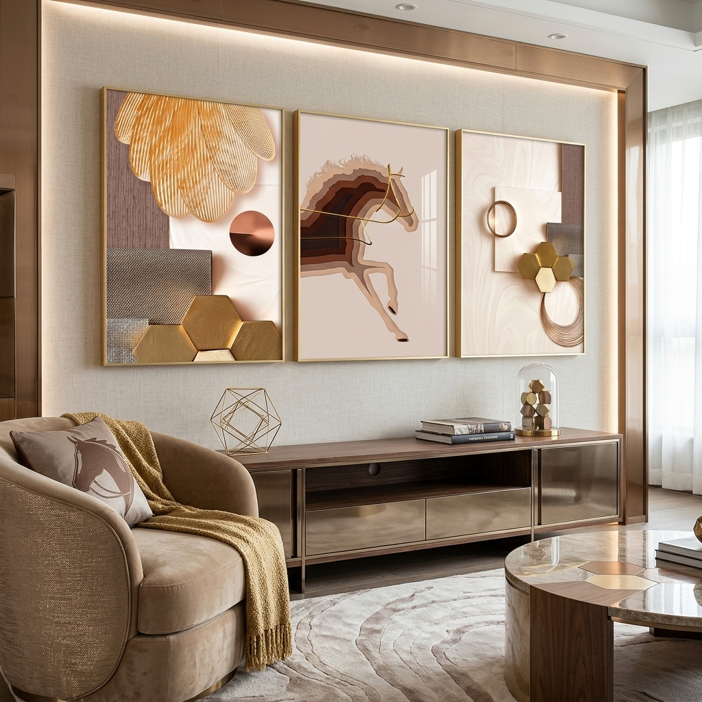 Modularer Kunstdruck auf Leinwand, mehrere Teile, in Beige- und Goldtönen