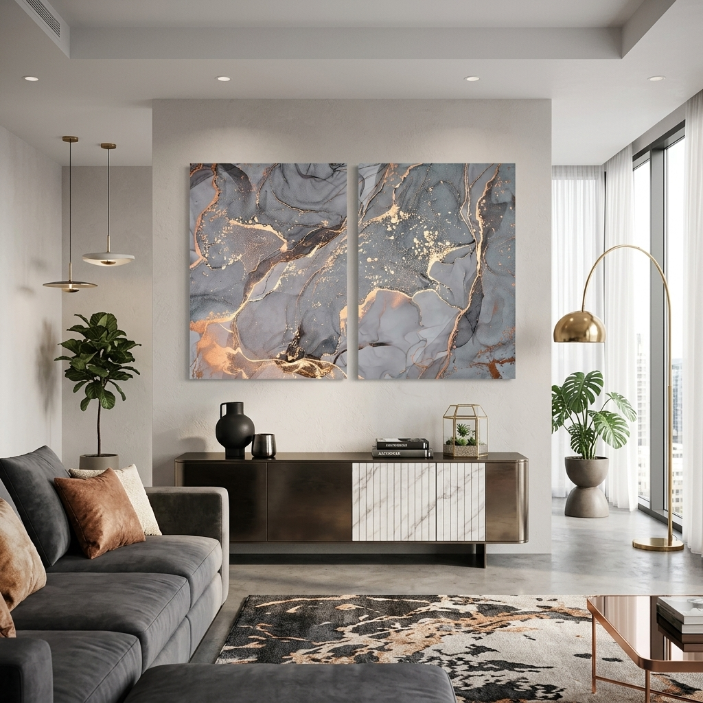 Modularer, grauer, abstrakter Kunstdruck mit goldenen Linien, mehrere Teile auf Leinwand