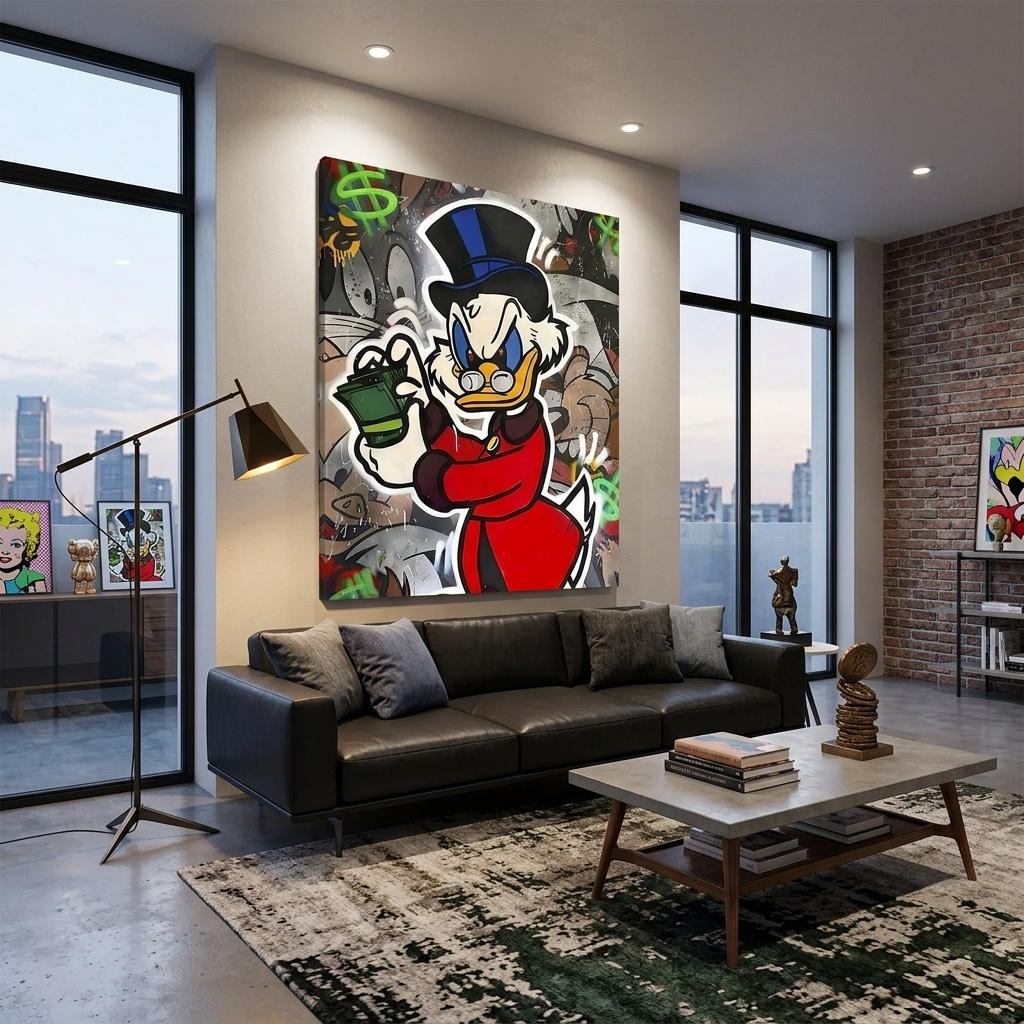 Scrooge with a wad of dollars Inspirational Canvas Wall Art Print