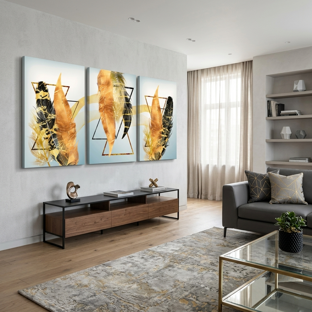 Modularer Kunstdruck auf Leinwand, mehrteilig, mit schwarzen und goldenen Federn