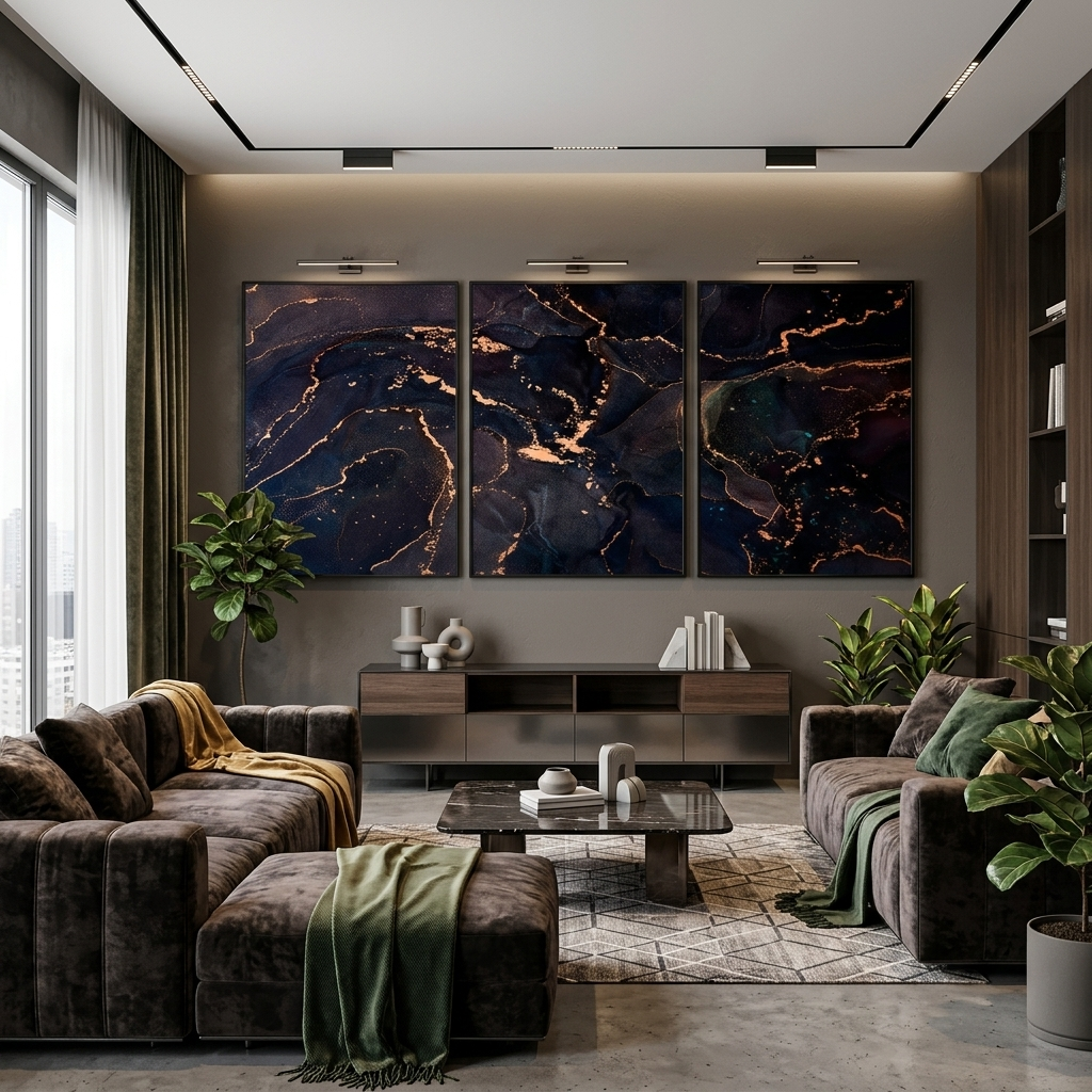 Modularer Kunstdruck auf Leinwand, dunkel, abstrakt, mit goldenen Elementen, mehrere Teile