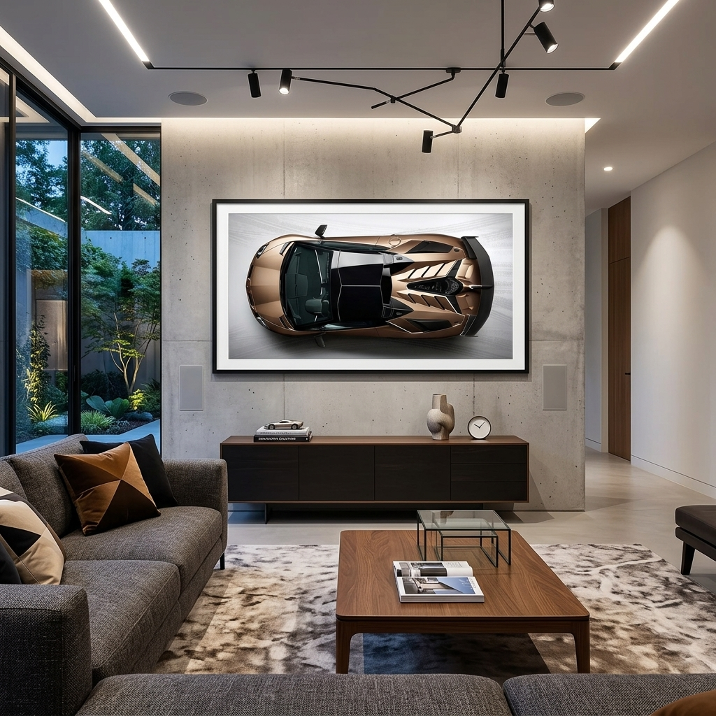 Das Auto ist ein brauner Lamborghini-Kunstdruck auf Leinwand.