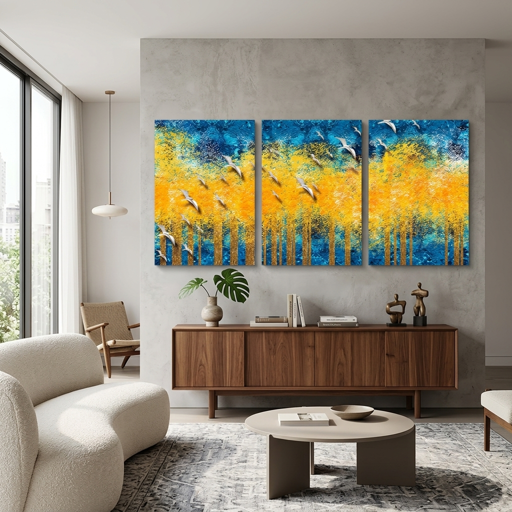 Modularer abstrakter Kunstdruck auf Leinwand, mehrteilig, Gelb und Blau