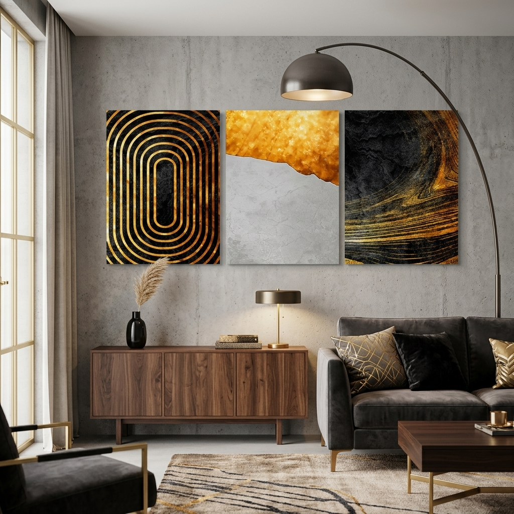 Modularer Kunstdruck auf Leinwand, mehrteilig, Schwarz und Gold mit grauer Abstraktion
