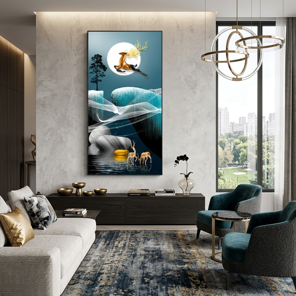 Leinwandbild „Drei Hirsche, Mond und Baum“, abstrakt, Wandbild