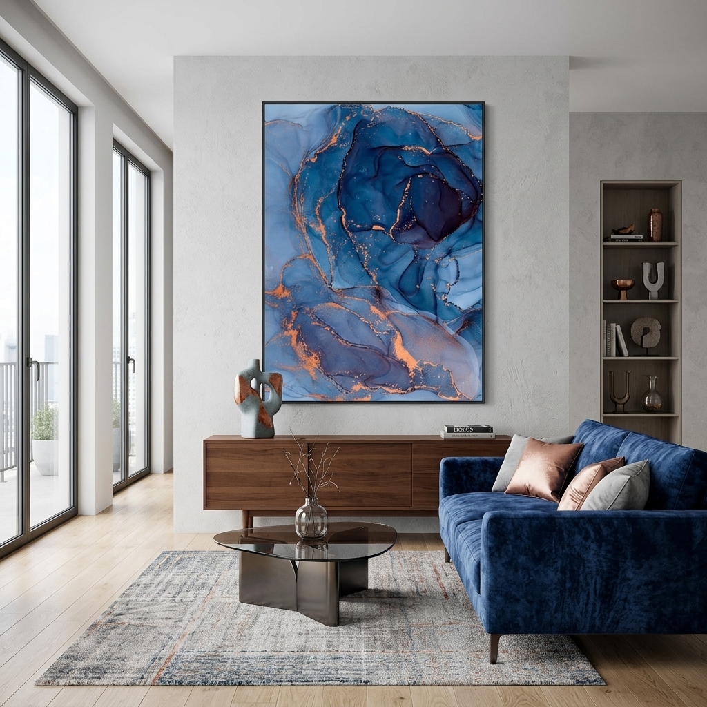 Marineblauer Kunstdruck auf Leinwand mit abstraktem Motiv