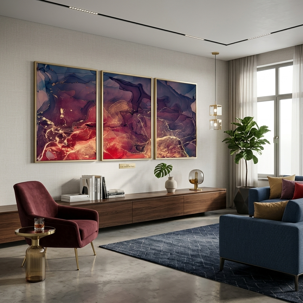 Modularer abstrakter Kunstdruck auf Leinwand, mehrteilig, Violett und Rot