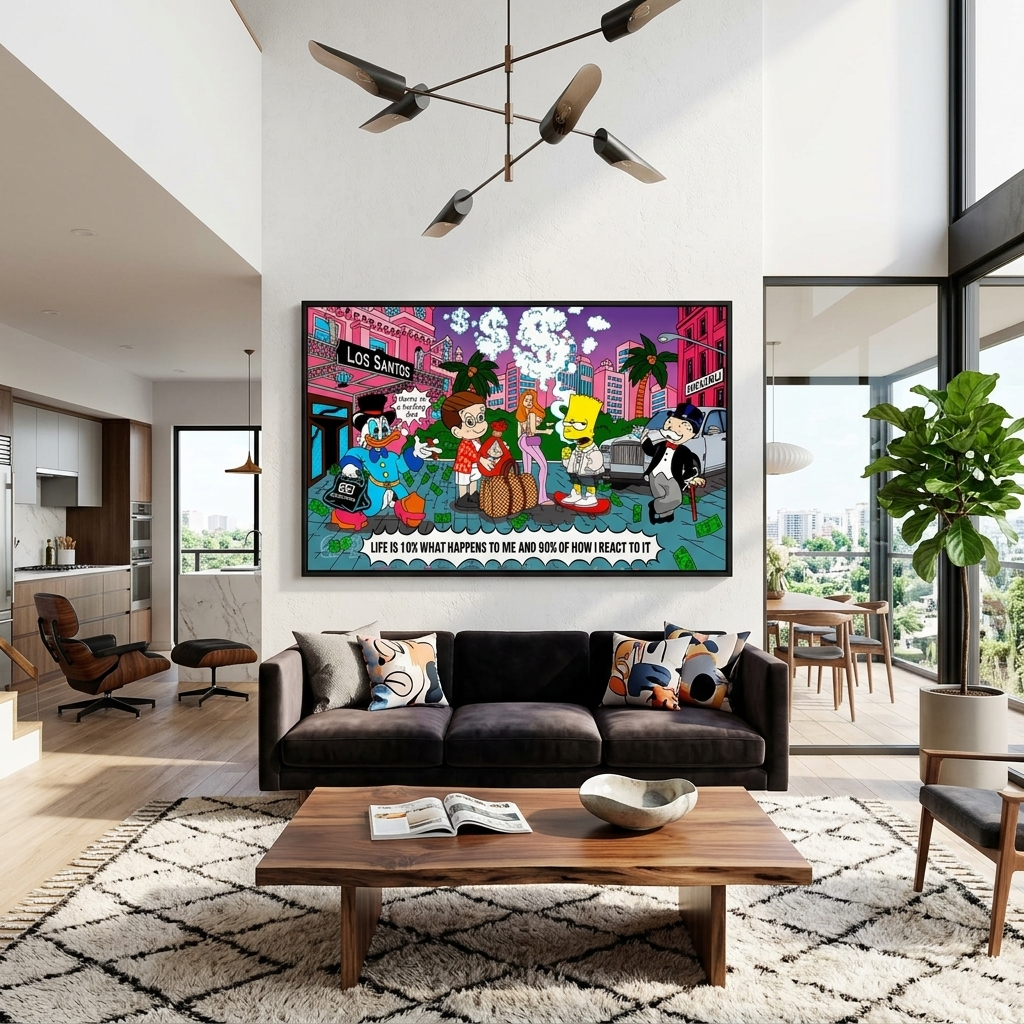 Scrooge, Bart Simson, Alec Monopoly und ihre Freunde Inspirierender Kunstdruck auf Leinwand