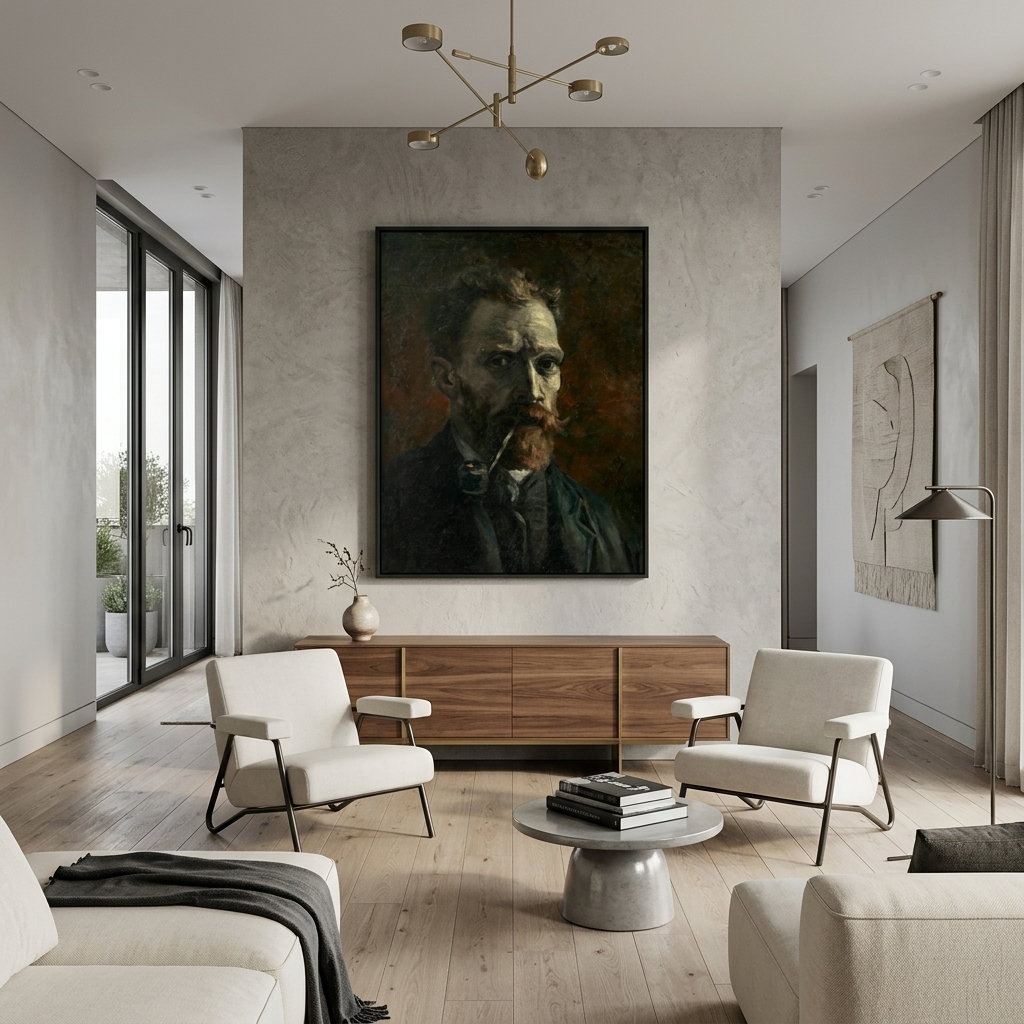 Reproduktion „Selbstporträt mit Pfeife“ von Vincent van Gogh, Reproduktion auf Leinwand, Kunstdruck
