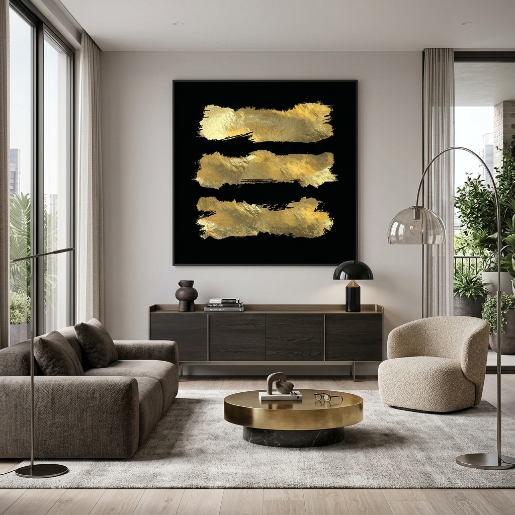 Kunstdruck auf Leinwand mit drei goldenen Linien auf schwarzem Hintergrund