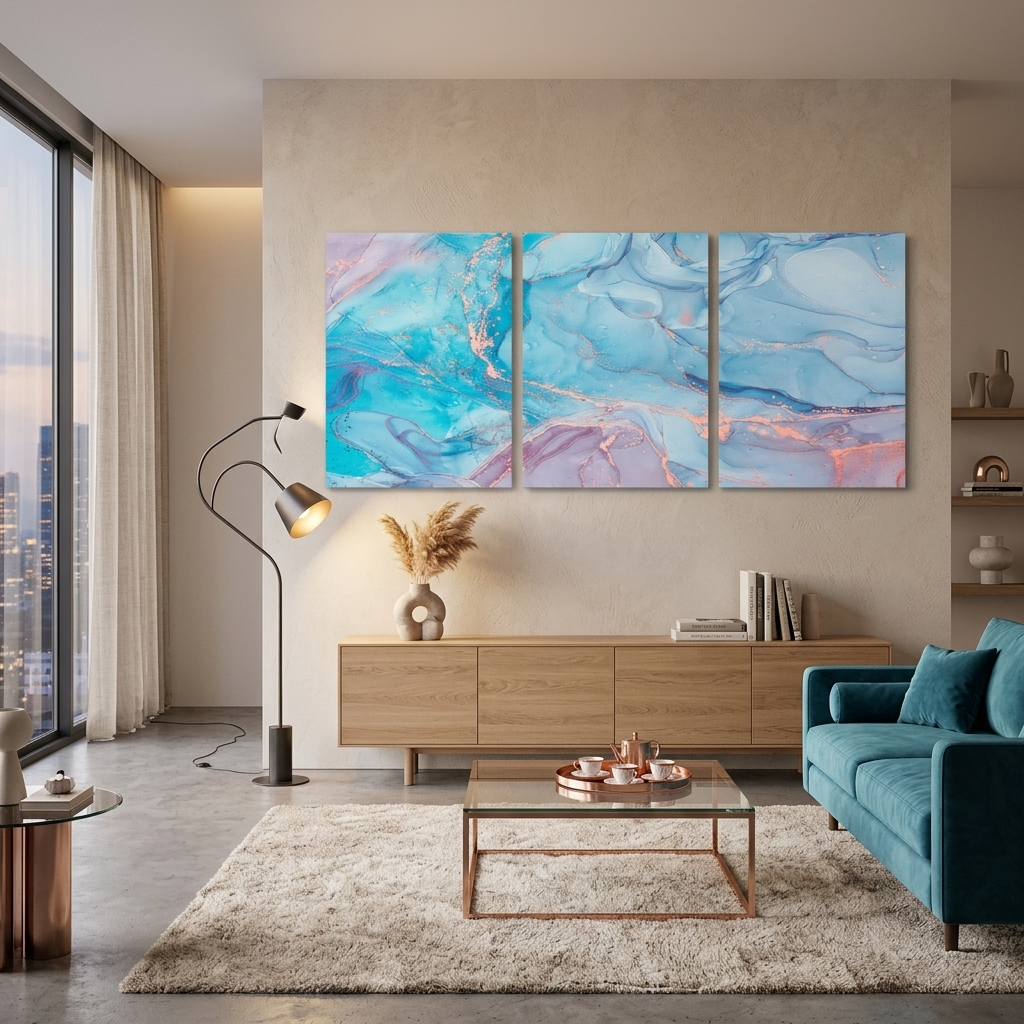 Modularer, abstrakter, puderblauer Kunstdruck auf Leinwand, mehrere Teile