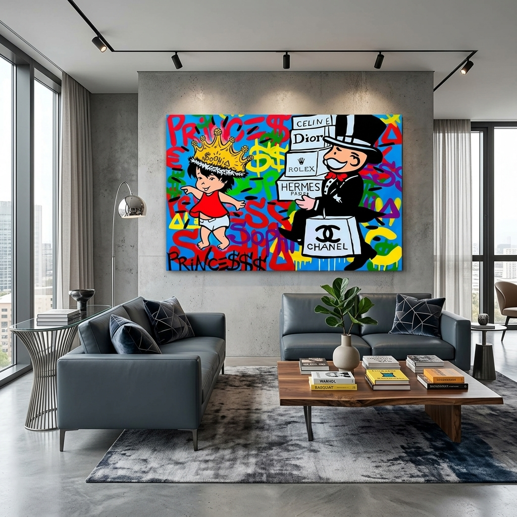Alec Monopoly im Hintergrund des Graffiti-Kunstdrucks auf Leinwand