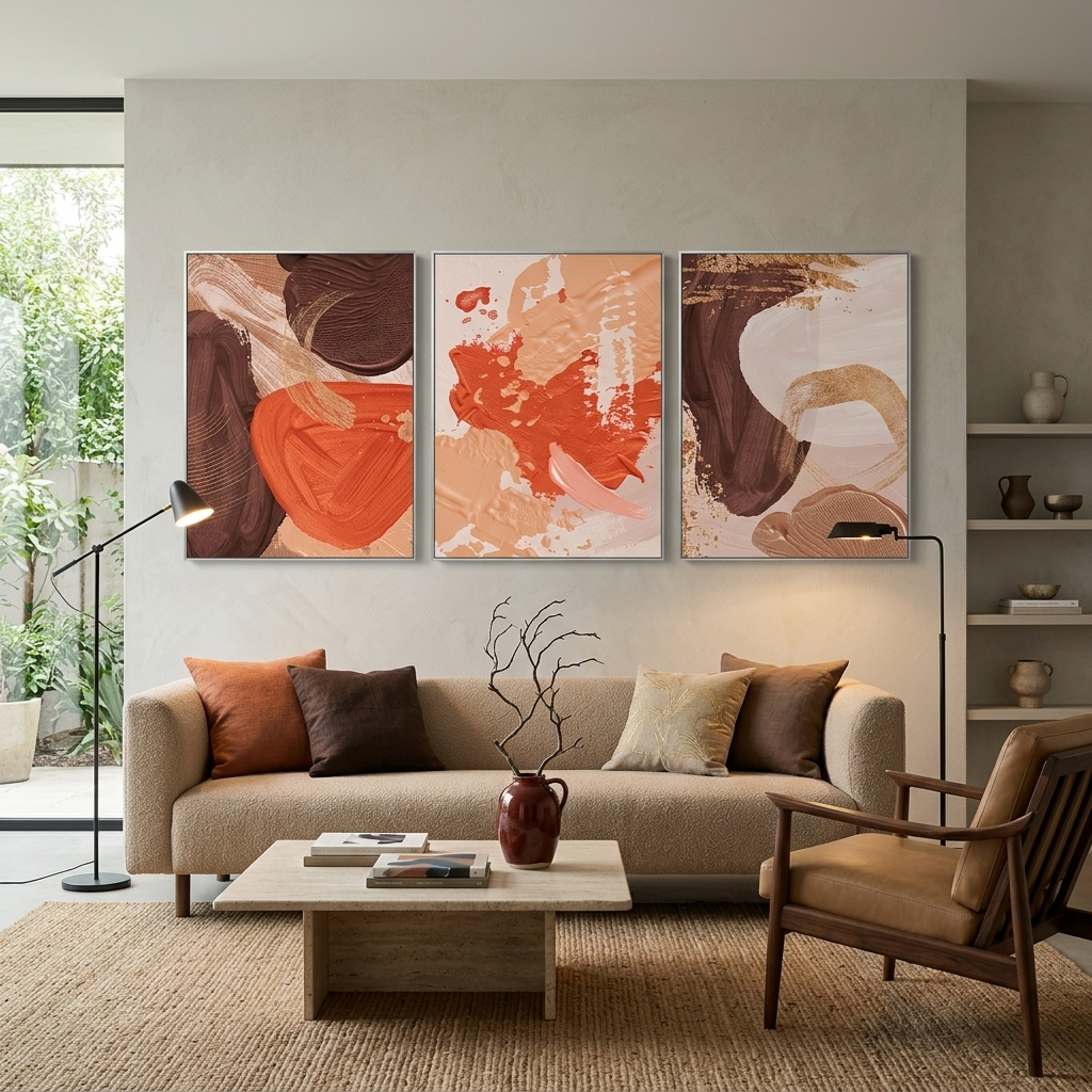 Modularer abstrakter Kunstdruck auf mehrteiliger Leinwand in Beige- und Orangetönen