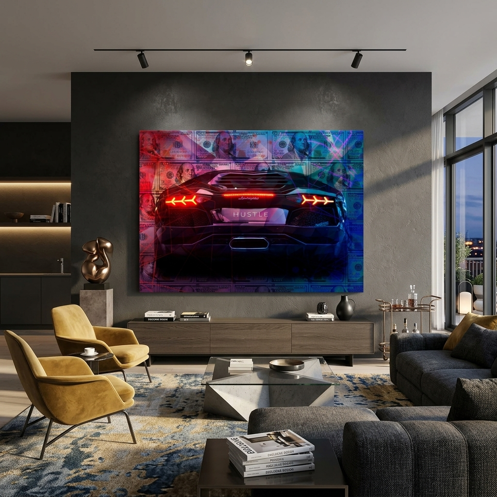 Zur Motivation Dollars and Lamborghini Hustle Motivational Canvas Wall Art Print