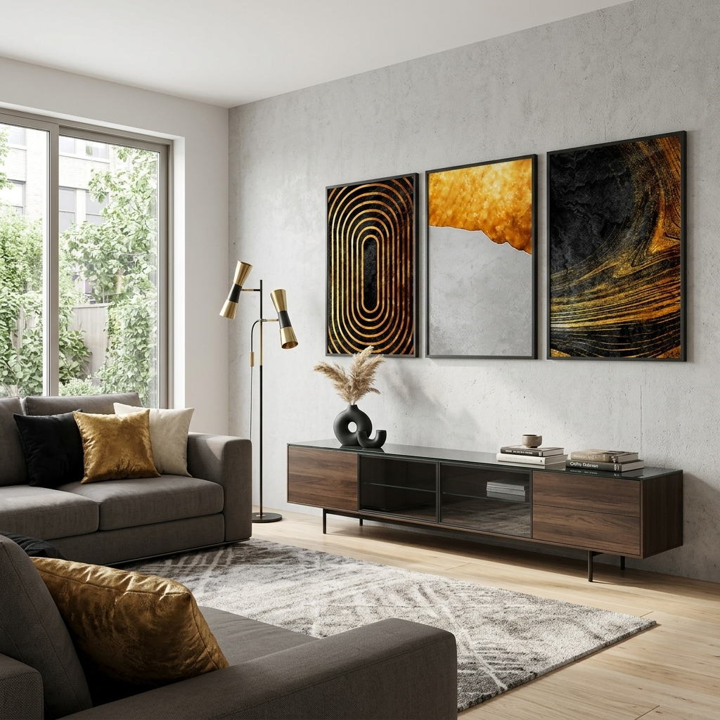 Modularer Kunstdruck auf Leinwand, mehrteilig, Schwarz und Gold mit grauer Abstraktion