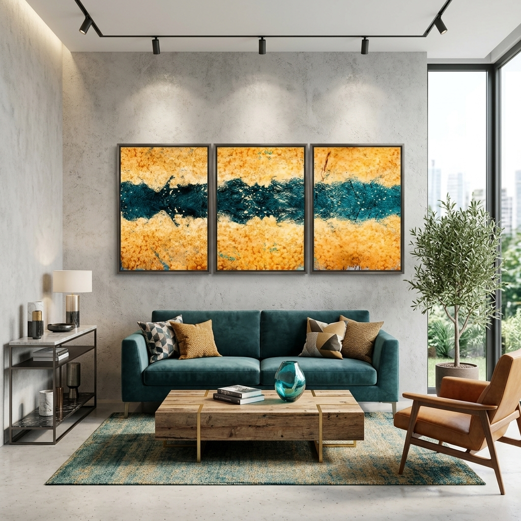 Modularer, goldener, abstrakter Kunstdruck mit dunkelgrünen Blumen, mehrere Teile auf Leinwand