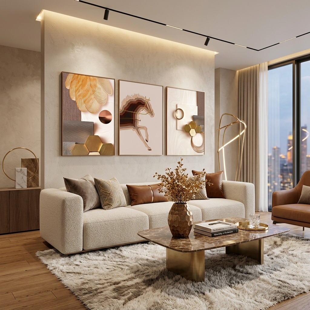 Modularer Kunstdruck auf Leinwand, mehrere Teile, in Beige- und Goldtönen