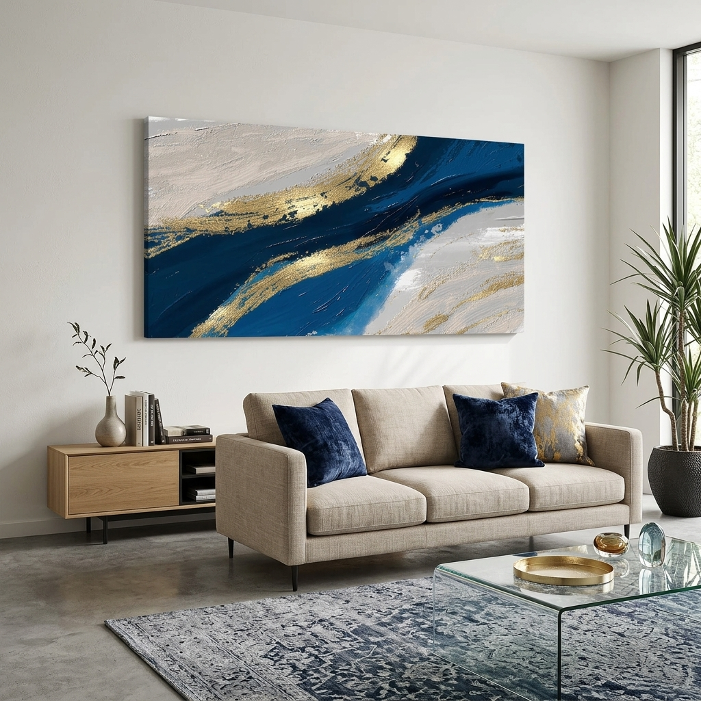 Grau-blauer und goldener Abstraktions-Kunstdruck auf Leinwand