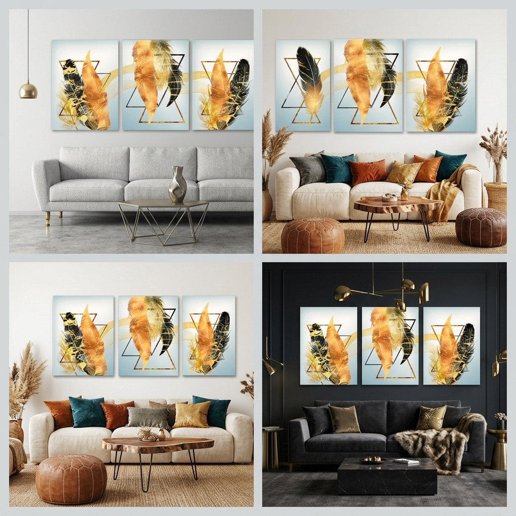 Modularer Kunstdruck auf Leinwand, mehrteilig, mit schwarzen und goldenen Federn