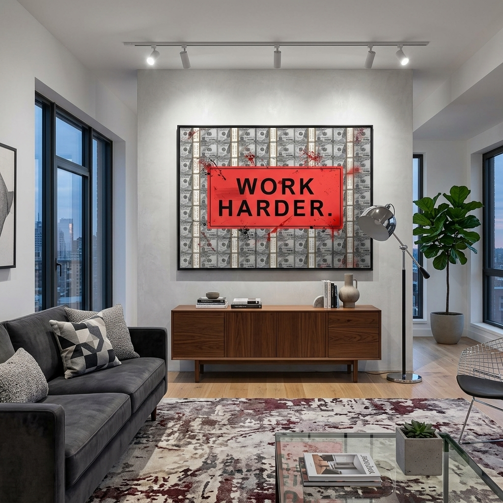 ARBEITEN SIE HÄRTER vor dem Hintergrund der Dollars. Motivierender Kunstdruck auf Leinwand