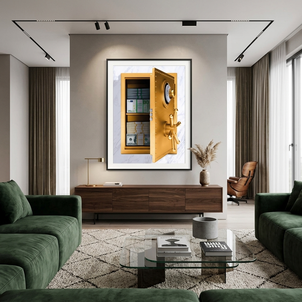 Open safe with money in the wall Inspirational Canvas Wall Art Print