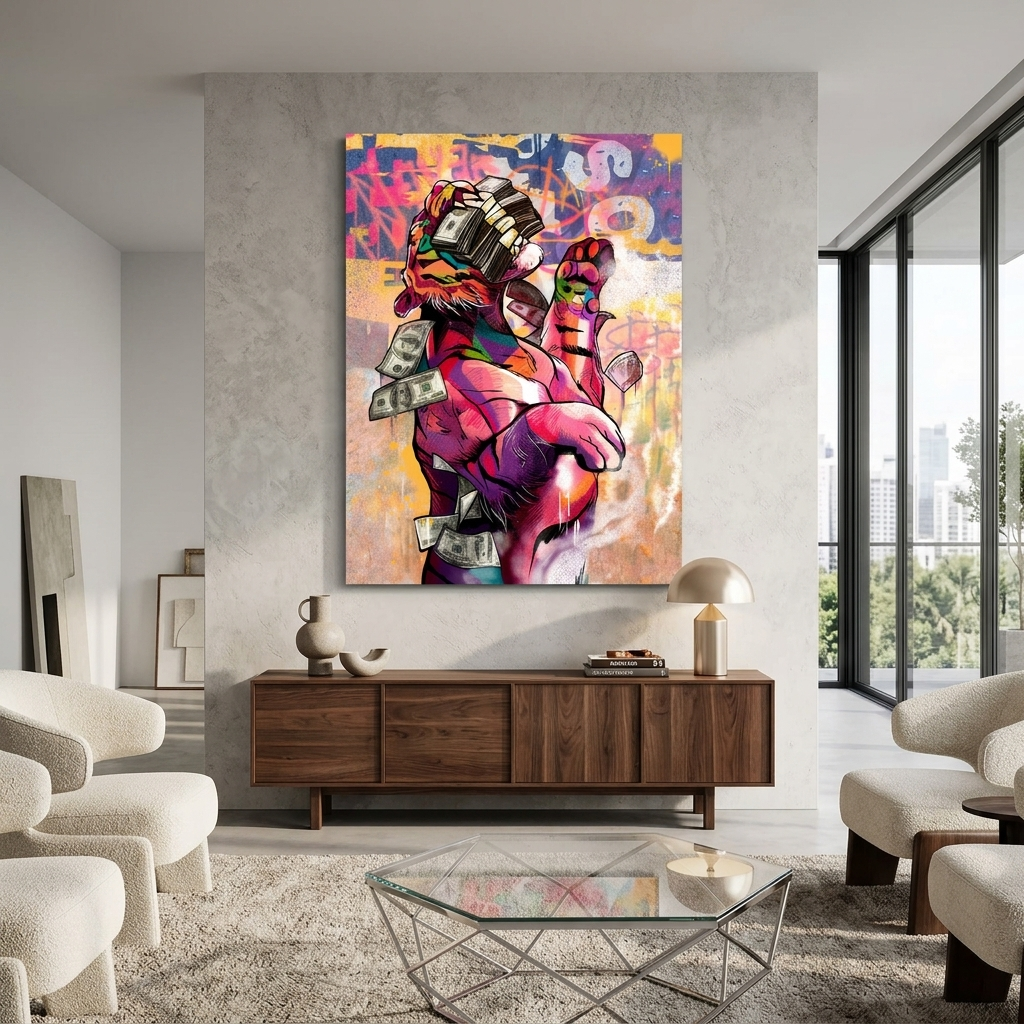 Der Tiger und das Geld – motivierender Kunstdruck auf Leinwand