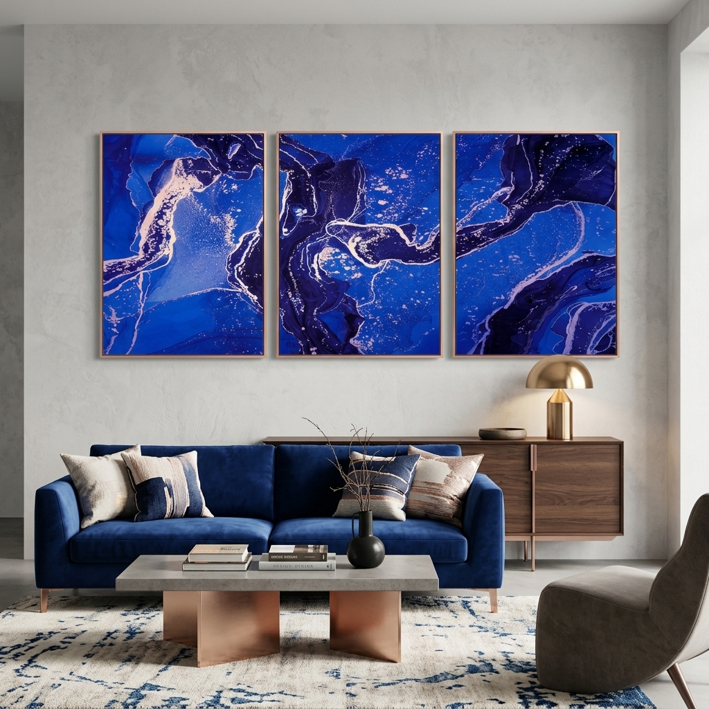 Modularer, abstrakter Kunstdruck auf Leinwand, mehrere Teile, Marineblau