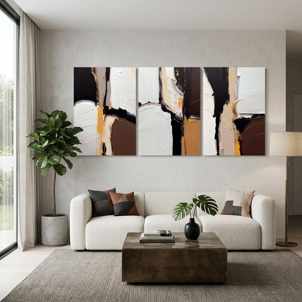 Modulare Abstraktion in Weiß, Schwarz und Braun, mehrteiliger Kunstdruck auf Leinwand