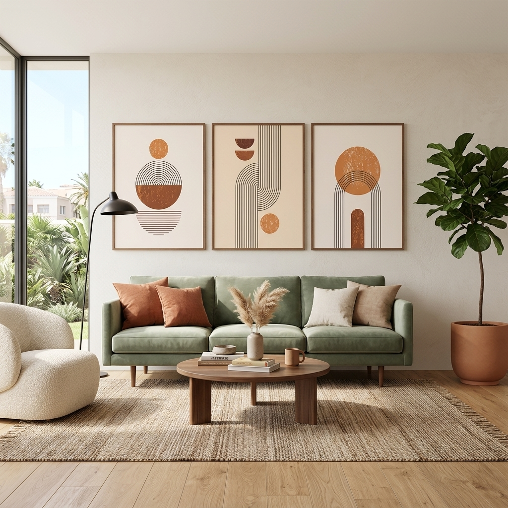 Modularer Kunstdruck auf Leinwand, Motiv Figuren in Beige und Senf, mehrteilig