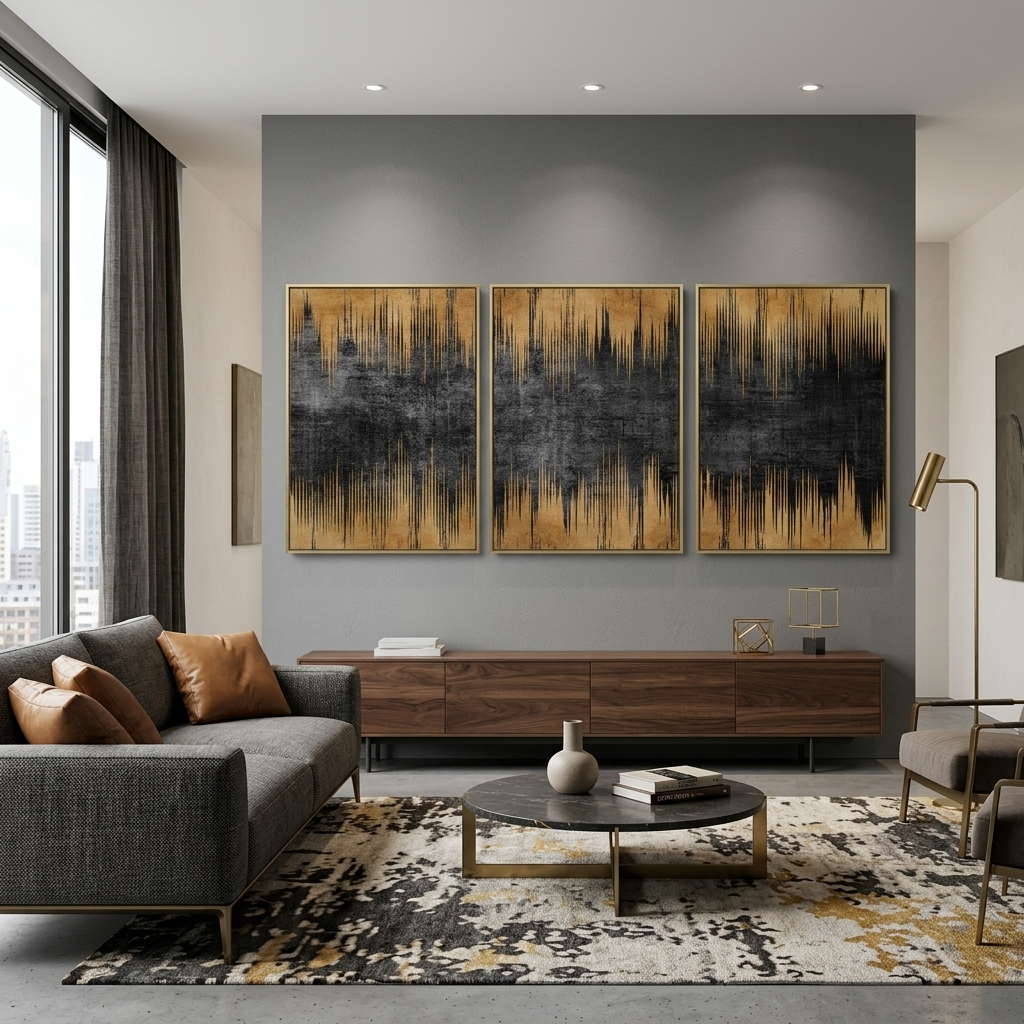 Modularer abstrakter Kunstdruck auf Leinwand, mehrteilig, Gold und Schwarz