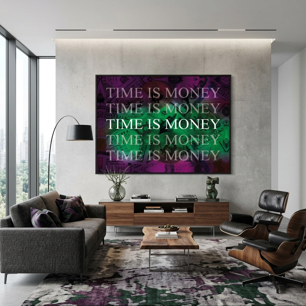 Dollar und Bitcoin Zeit ist Geld auf einem lila Hintergrund Inspirierender Leinwand-Kunstdruck