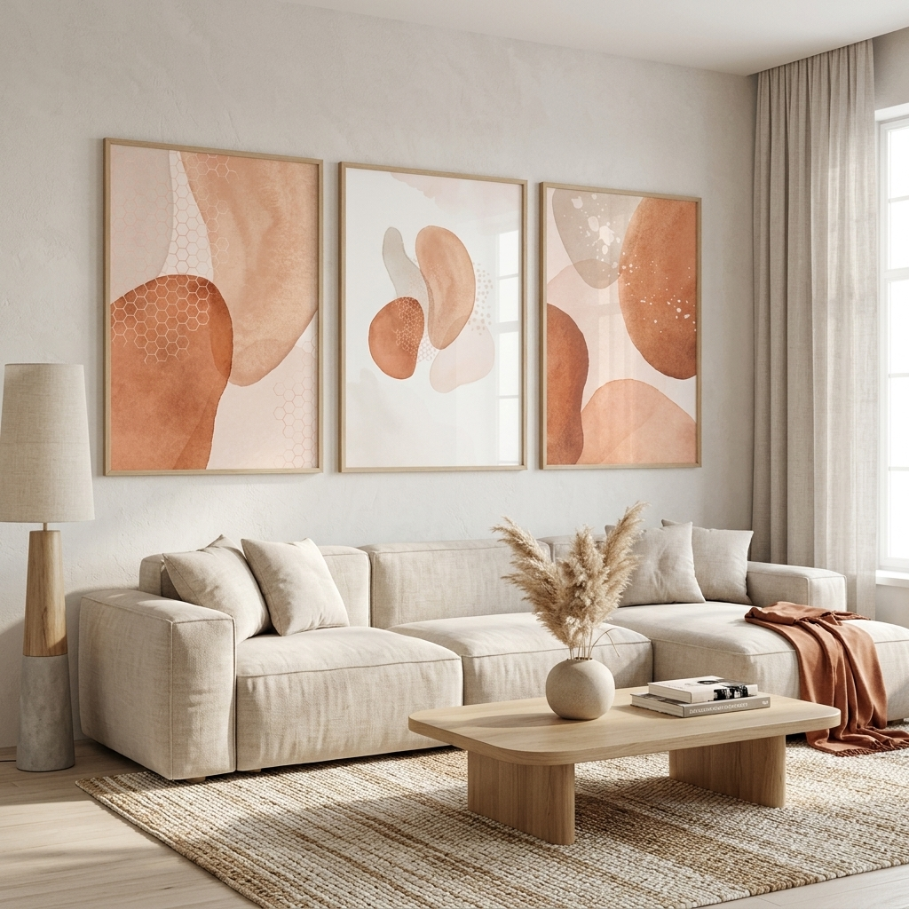 Modularer beigefarbener abstrakter mehrteiliger Kunstdruck auf Leinwand