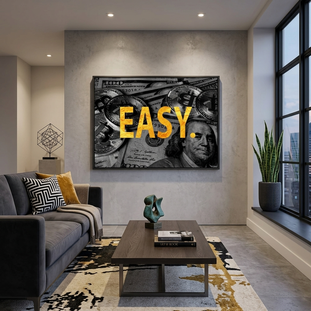 „EASY“ vor dem Hintergrund von Bitcoin-Dollars. Inspirierender Kunstdruck auf Leinwand.