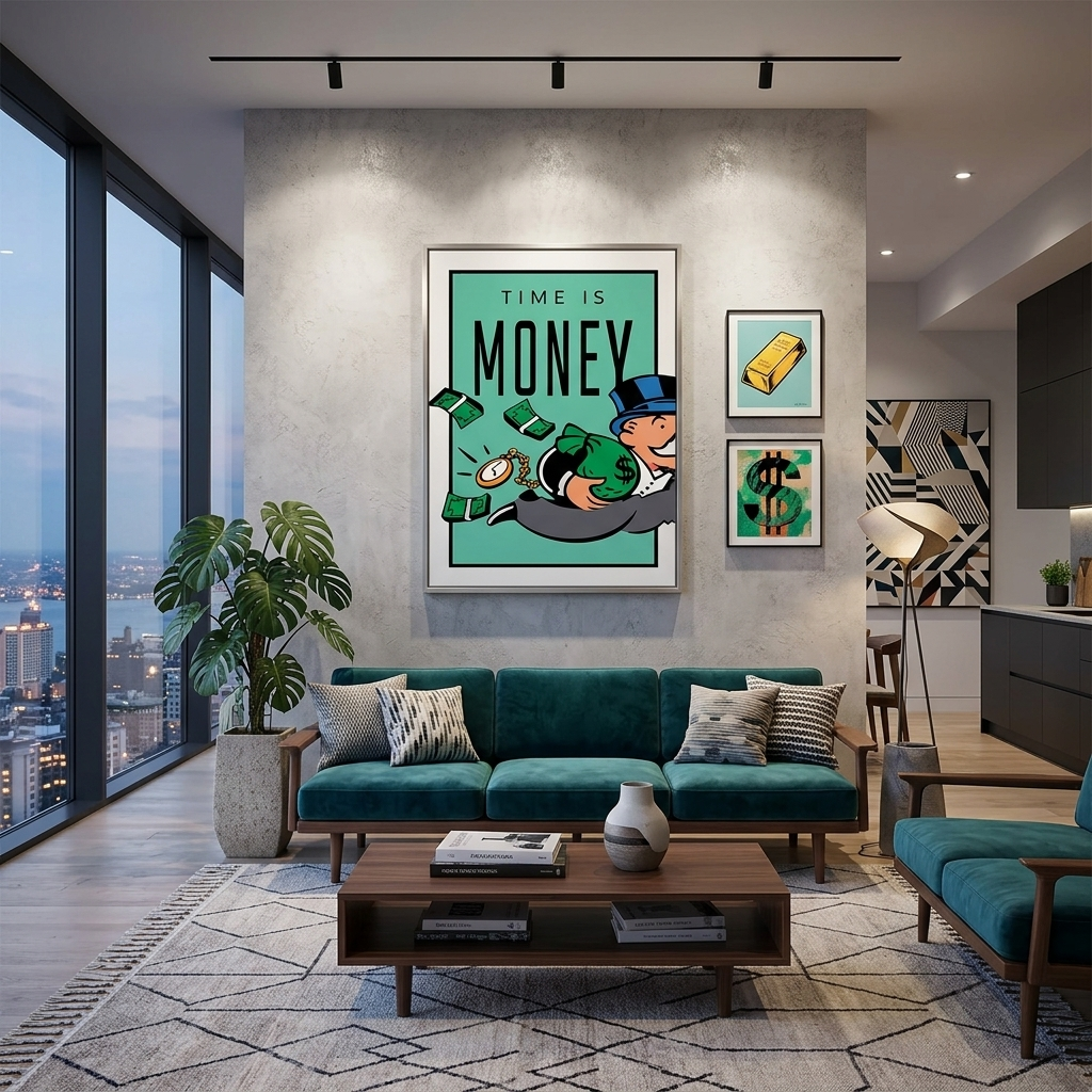 Kunstdruck auf Leinwand, Motiv: Alec Monopoly mit Geld in den Händen
