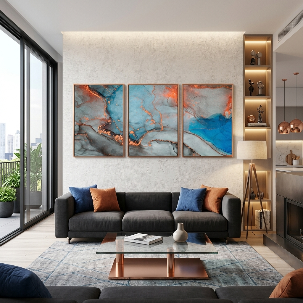 Modularer, grauer, abstrakter Kunstdruck mit orangen Elementen, mehrere Teile auf Leinwand