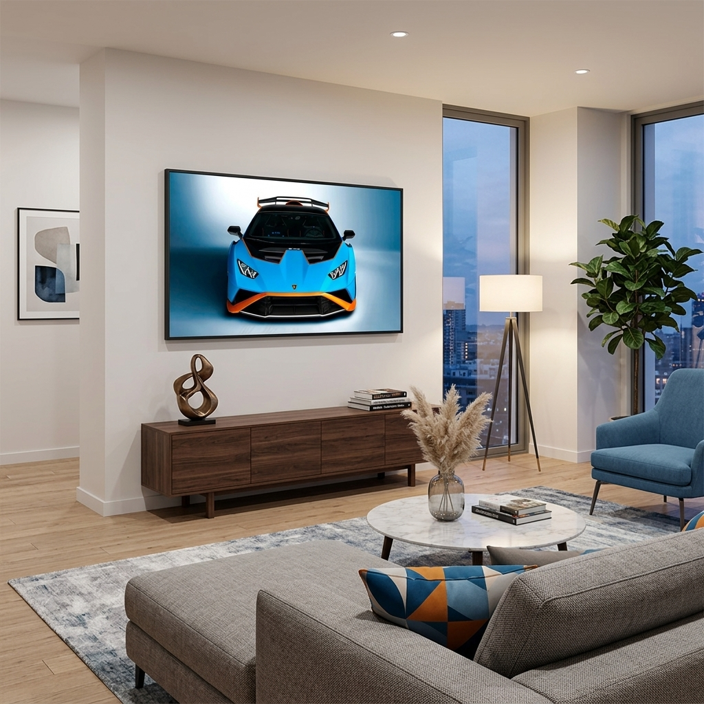 Auto Lamborghini Huracan STO blau mit orangefarbenem Leinwand-Kunstdruck