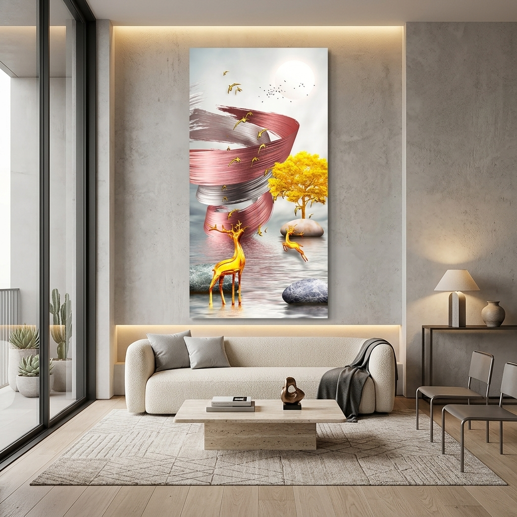 Zwei Hirsche und ein Baum im Hintergrund eines rosa-weißen Tornados Abstrakter Kunstdruck auf Leinwand